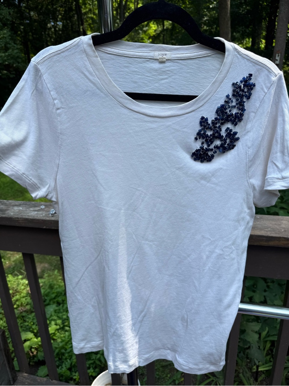 J. Crew White Short-Sleeve Tee with Stone Bead Floral Accent
